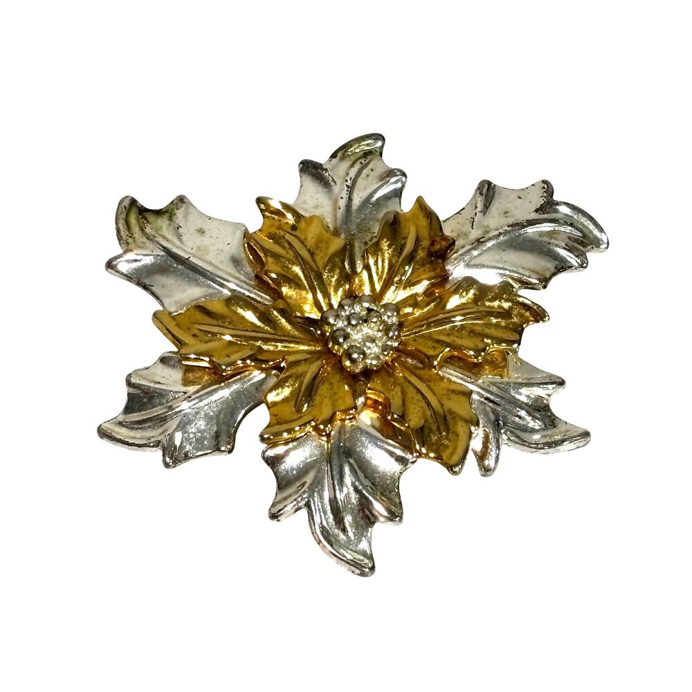 Vintage brooch stacked dimensional silver and gold tone leaf shape metals